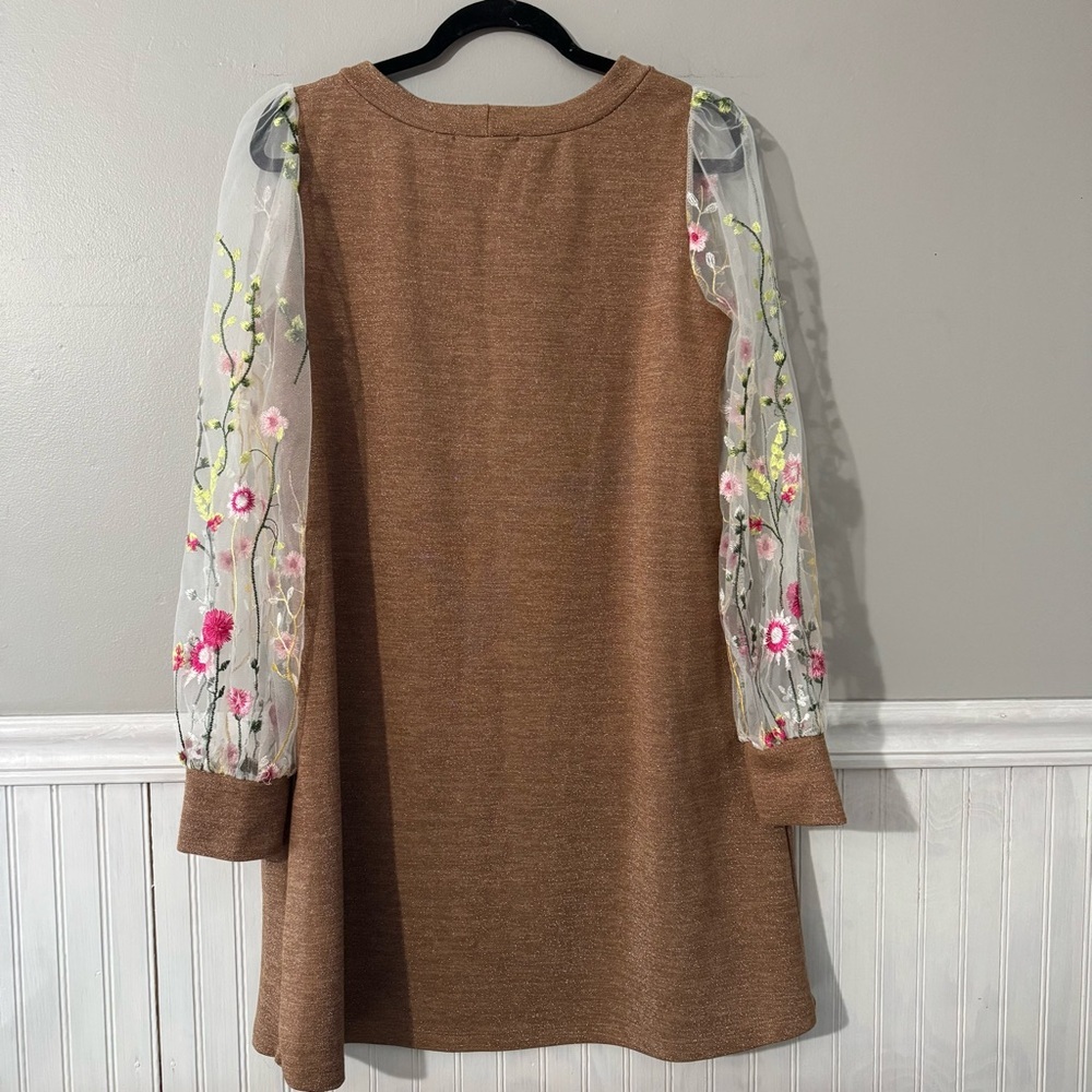 Renee C. Brown Metallic Dress with Sheer Mesh Embroidered Long Sleeves Size M - Picture 2 of 7